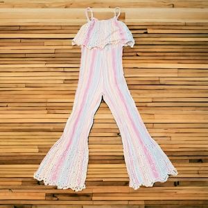 Zara Kids Girls 11-12 Striped Gauzy Eyelet Jumpsuit Sleeveless Bell Bottom